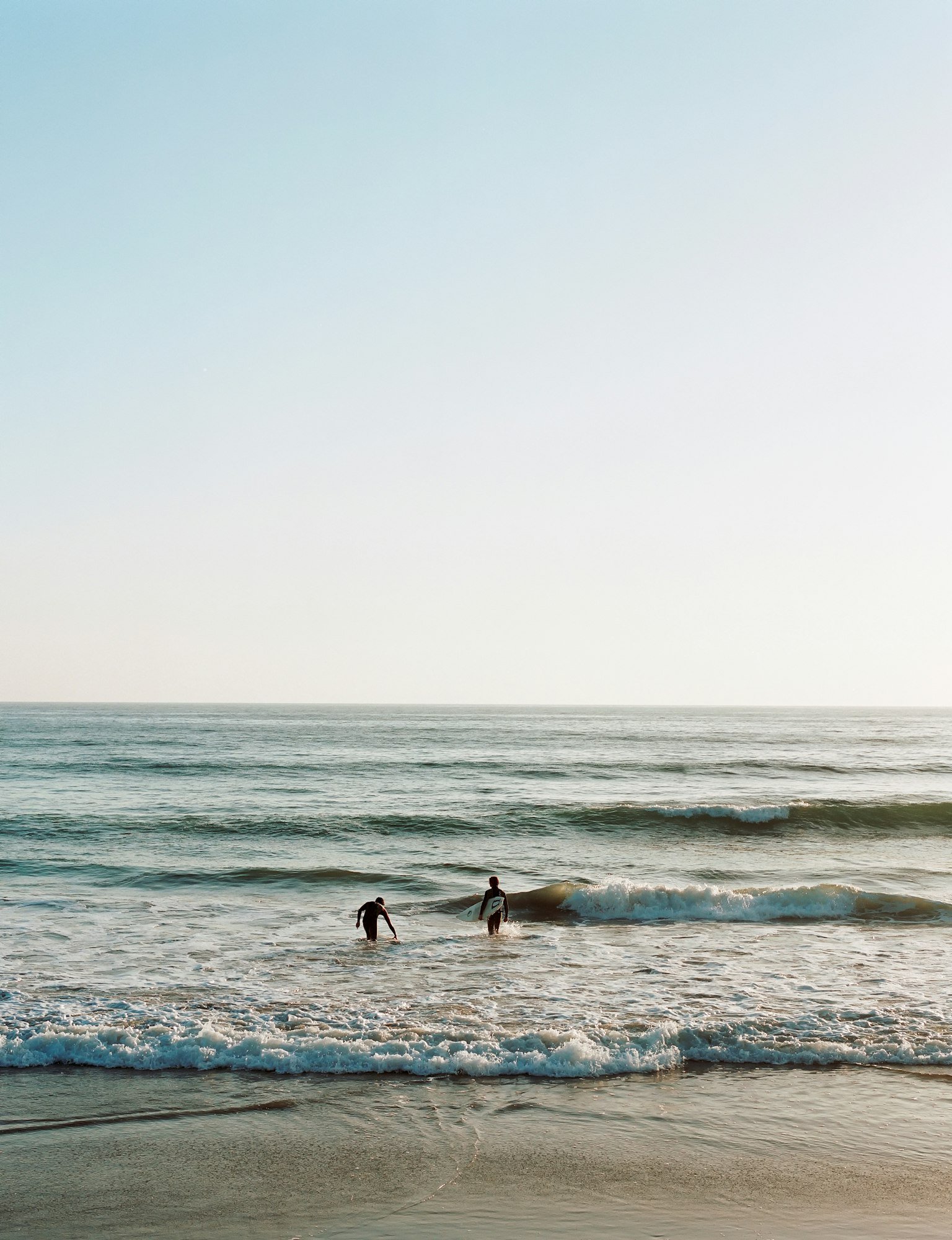 Surfers walking in waves on beach